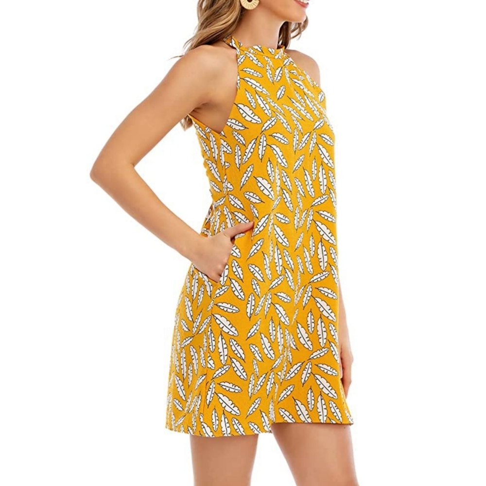 Women's Mini Dress Summer Beach Floral Casual Sleeveless Halter Neck w/ pocket
